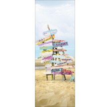 Decoratief bord met routebeschrijvingen naar diverse plaatsen op een strand