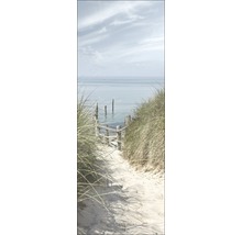 Een pad door duingras leidt naar een zee