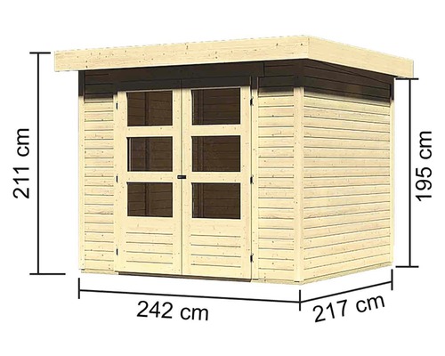 Houten tuinhuis met afmetingen 242 bij 217 bij 211 centimeter