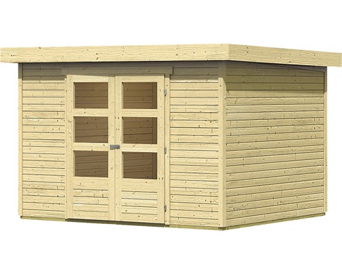 Houten tuinhuis met dubbele deur en ramen