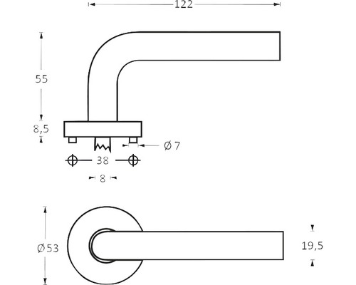 Technische tekening van een deurklink met maatvoering.