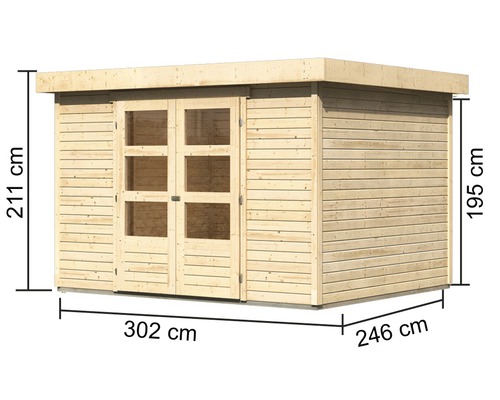 Houten tuinhuis met dubbele deur en maatvoering