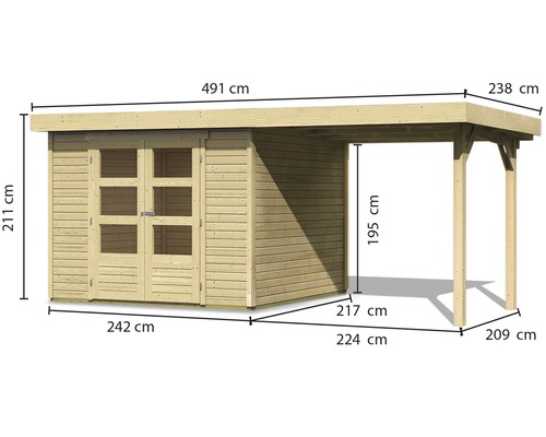Afmetingen van een houten tuinhuis met overkapping