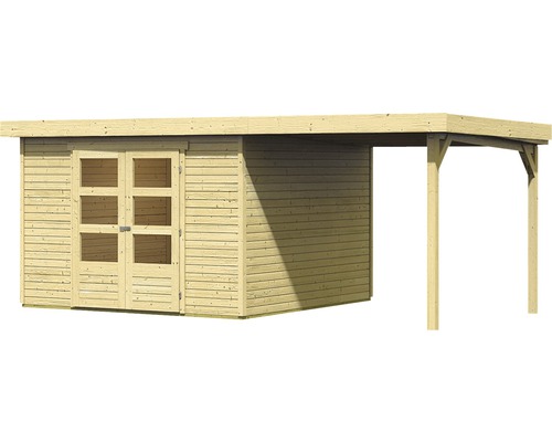 Houten tuinhuis met dubbele deur en aanbouw