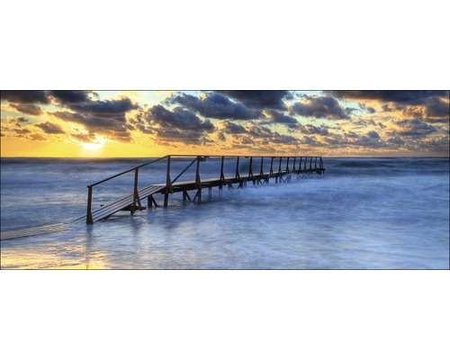 PURE LIVING Schilderij glas Mystic Sea 50x125 cm Houten steiger in de zee bij zonsopgang