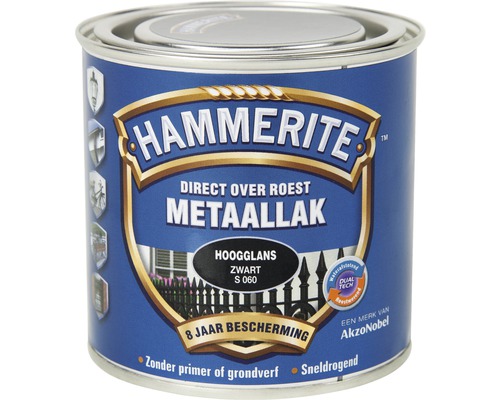 HAMMERITE Metaallak hoogglans zwart S060 250 ml Hammerite metaallak zwart, direct over roest