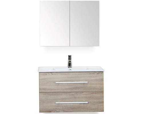 SANOX Badkamermeubelset Stretto met spiegelkast en wastafel 81 cm grijs eiken Wastafelmeubel met onderkast en spiegelkast voor de badkamer