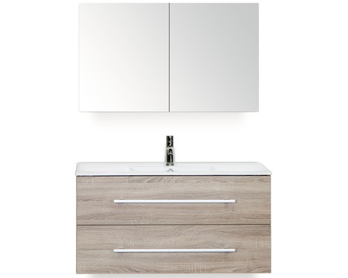 SANOX Badkamermeubelset Stretto met spiegelkast en wastafel 101 cm grijs eiken Wastafelcombinatie met spiegelkast, wastafel en twee lades