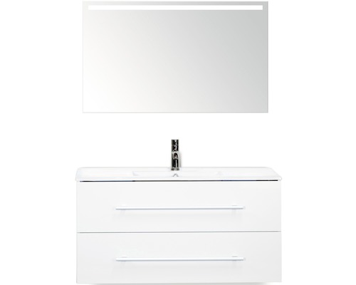 SANOX Badkamermeubelset Stretto met LED lichtspiegel en wastafel 101 cm wit Wastafelmeubel met twee laden, wastafel, kraan en spiegel met verlichting voor de badkamer