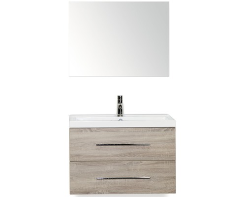 SANOX Badkamermeubelset Straight met spiegel en wastafel 80 cm grijs eiken Wastafelcombinatie met spiegel, wastafel en twee lades