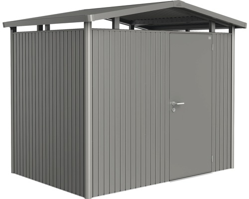 BIOHORT Berging Panorama P2 met enkele deur, stelling en goot 257x177 cm kwartsgrijs