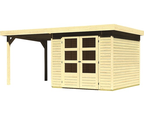 Houten tuinhuis met dubbele deur en carport