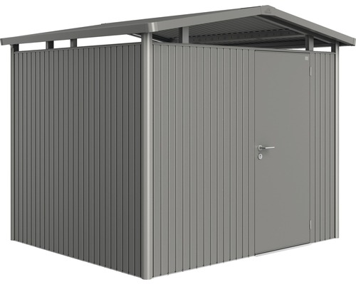 BIOHORT Berging Panorama P3 met enkele deur, stelling en goot 257x217 cm kwartsgrijs