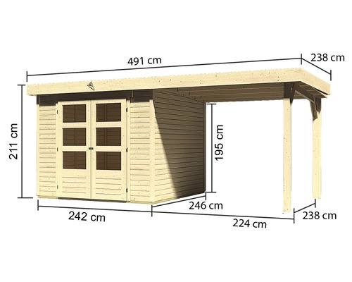 Afbeelding van een houten tuinhuis met carport en maatvoering