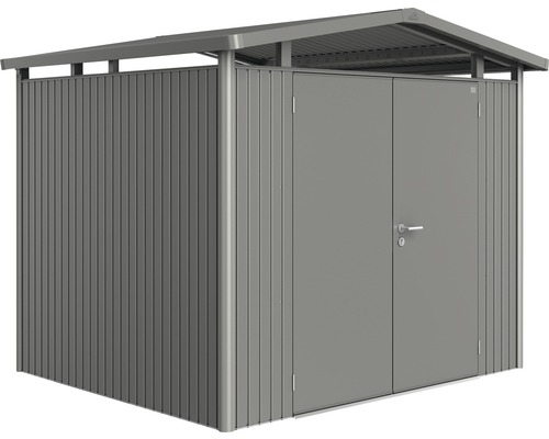 BIOHORT Berging Panorama P3 met dubbele deur, stelling en goot 257x217 cm kwartsgrijs