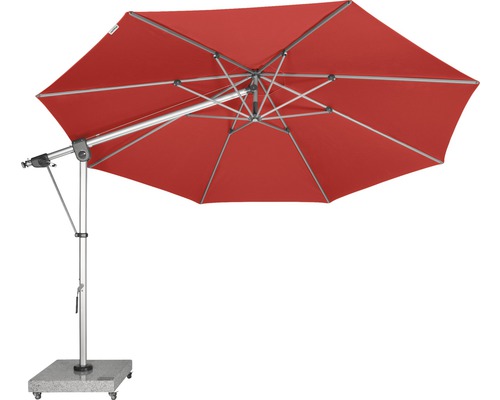 Rode zweefparasol met metalen frame en parasolvoet