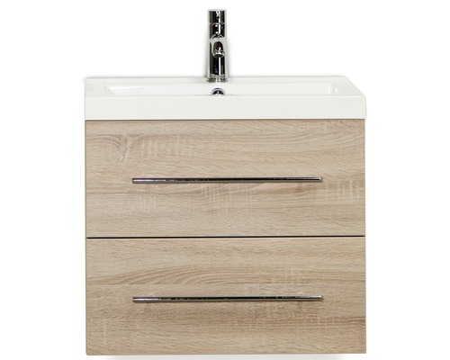 SANOX Badkamermeubelset Straight met wastafel 60 cm grijs eiken Wastafelonderkast met twee lades en opzetwastafel en kraan