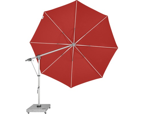 Rode parasol met metalen frame en rolvoet