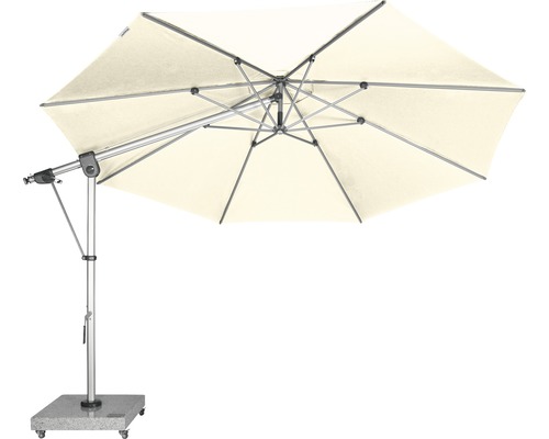 Vrijhangende parasol met voet en lichtgekleurd scherm
