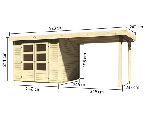 Afmetingen van een houten tuinhuis met carport