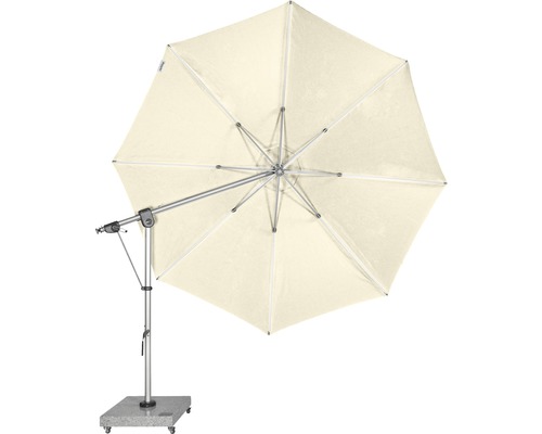 Vrijstaande parasol met lichtgekleurd scherm, standaard en wielen