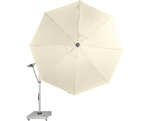 Vrijhangende parasol met voet en lichtgekleurd schermdak