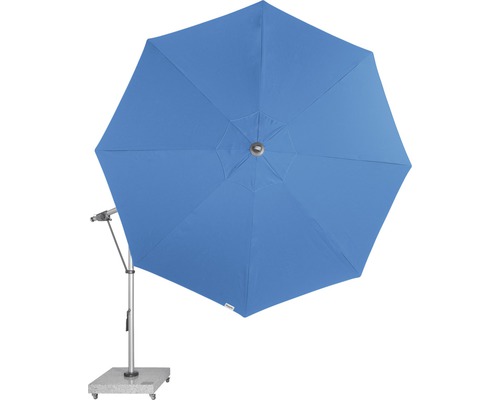Blauwe parasol met stalen frame en vierkante stenen voet