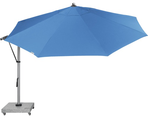 Blauwe zweefparasol met standaard voor de tuin
