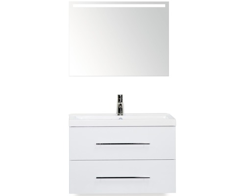 SANOX Badkamermeubelset Straight met LED lichtspiegel en wastafel 80 cm wit Wastafelmeubel met twee lades, wastafel en spiegel met verlichting