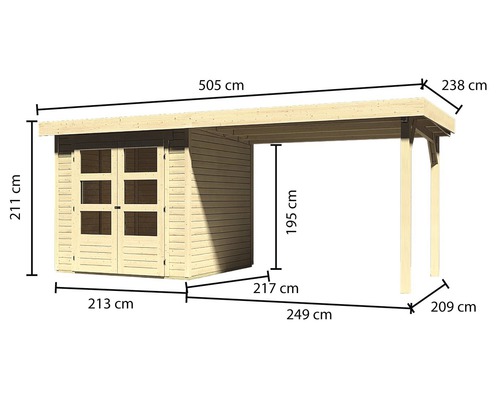 Afbeelding van een houten tuinhuis met afmetingen