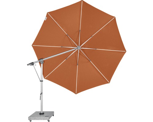 Vrijhangende parasol met oranje doek, stalen frame en granieten voet