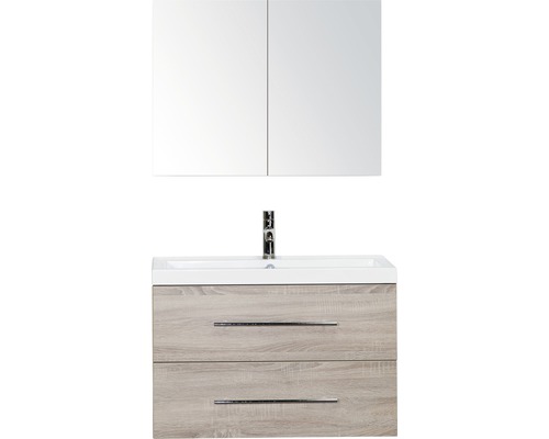 SANOX Badkamermeubelset Straight met spiegelkast en wastafel 80 cm grijs eiken Badkamermeubelset met wastafel, onderkast en spiegelkast