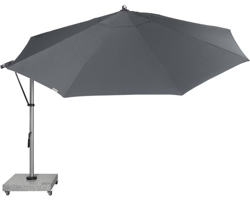 Grijze zweefparasol met voet voor de tuin