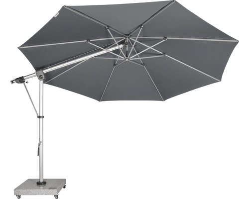 Grijze zweefparasol met metalen frame en voet