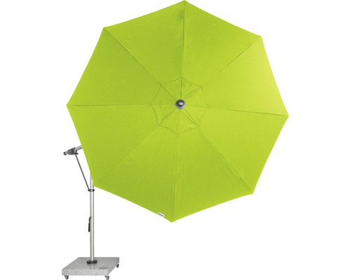 Groene parasol met metalen frame en stenen voet voor buiten.