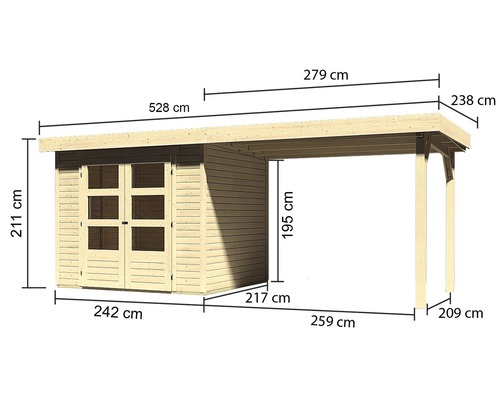 Illustratie van een houten tuinhuis met afmetingen
