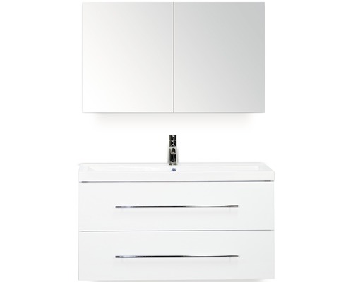 SANOX Badkamermeubelset Straight met spiegelkast en wastafel 100 cm wit hoogglans Wastafelmeubel met twee laden, opzetwastafel en spiegelkast