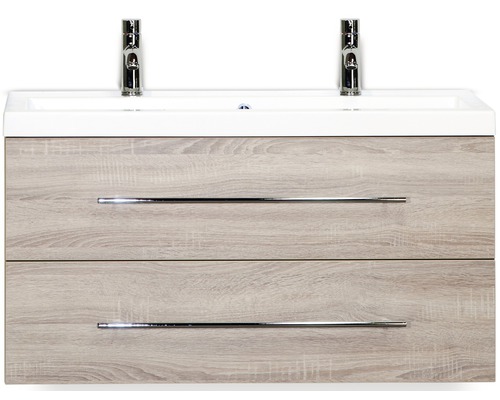SANOX Badkamermeubelset Straight met dubbele wastafel 100 cm grijs eiken Wastafelonderkast met twee laden en opzetwastafel