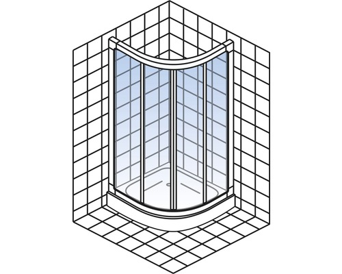 Hoekdouche met glazen voorkant en vierkante tegels