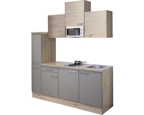 Complete keuken met spoelbak, kookplaat, bovenkasten en magnetron