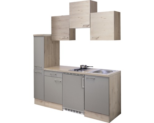 Compacte kitchenette met spoelbak, kookplaat, bovenkasten en opbergruimte