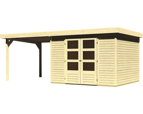 Houten tuinhuis met dubbele deur en afdak