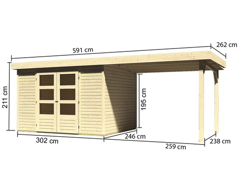 Afmetingen van een houten tuinhuis met carport