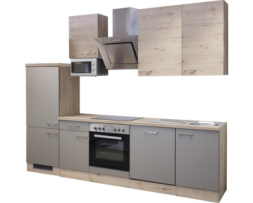 FLEX WELL Keukenblok met apparatuur Riva kwartsiet cubaniet en san remo eiken licht mat 280x60 cm