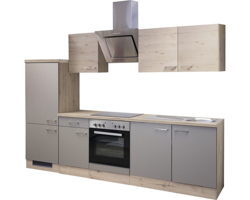 FLEX WELL Keukenblok met apparatuur Riva kwartsiet cubaniet en san remo eiken licht mat 270x60 cm