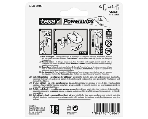 Tesa Powerstrips zelfklevende haak, verwijderbaar zonder sporen, 3 stuks inclusief 4 plakstrips, kleine uitvoering