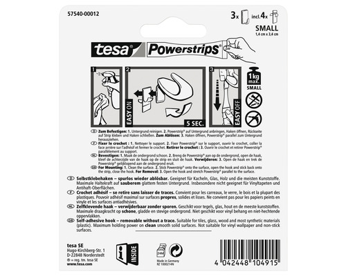 Tesa Powerstrips haken klein, 3 stuks, inclusief 4 plakstrips voor spoorloze bevestiging