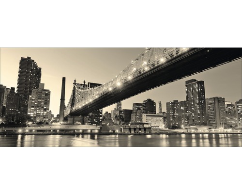 Zwart-witfoto van de skyline van New York met een brug in de nacht