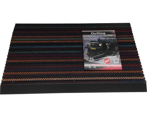 Deurmat met streepmotief en productetiket