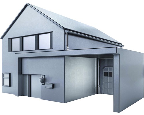 Aanzicht van een modern huis met garage en tuin